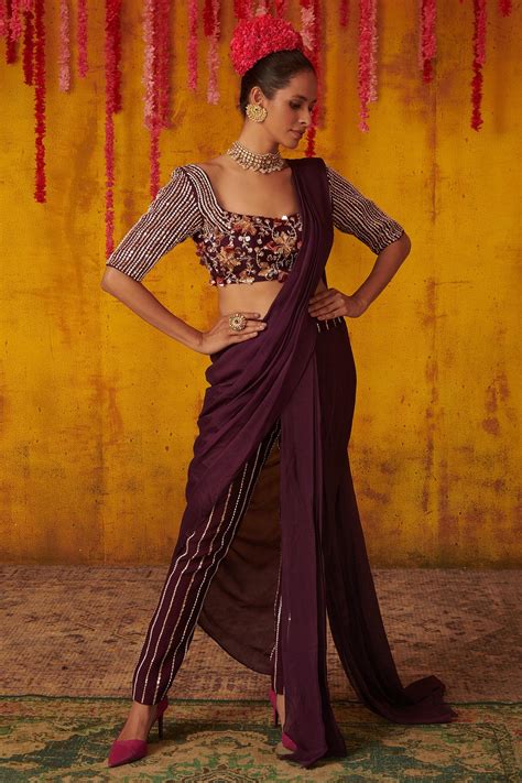 buy masumi mewawalla purple silk embroidered pre draped pant saree set