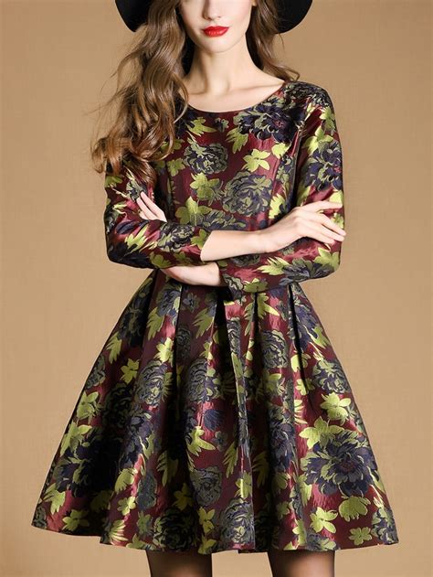 Multicolor Round Neck Long Sleeve Jacquard Dress Sheinsheinside