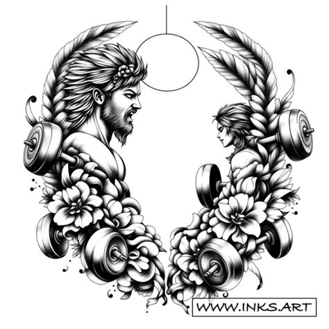 Tattoo design: greek symbols, anime, gym equipment fusion, style blackwork