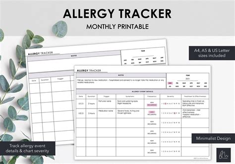 Monthly Allergy Tracker Printable Chart Allergy Events Etsy Italia