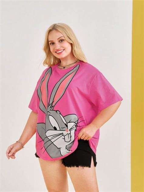 LOONEY TUNES X SHEIN Plus Rabbit Print Drop Shoulder Tee SHEIN USA