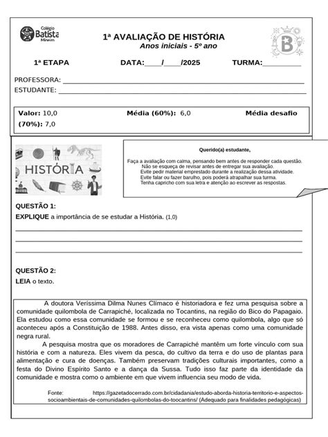 Avaliação De História 5 Ano Pdf - Avaliação de História para 5º Ano | PDF | Cidadania