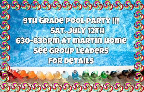 One50five Happenings: 9th grade pool party 7/12 6:30pm