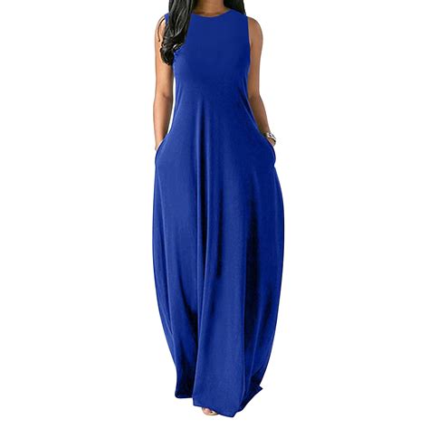 Summer Maxi Dress Short Sleeve Women Sundress Solid Color Loose Pockets Ladies Long Dress Women