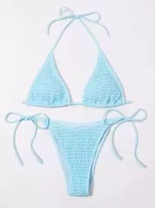 Swim Vcay Summer Beach Mono Bikini Set Smocked Micro Triangle Bra Tie