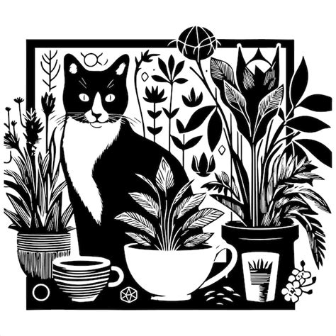 Una Imagen En Blanco Y Negro De Un Gato Y Plantas Vector Premium