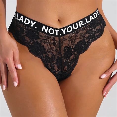 Letter Print Sexy Floral Lace See Through Panties Thong Women Low Waist