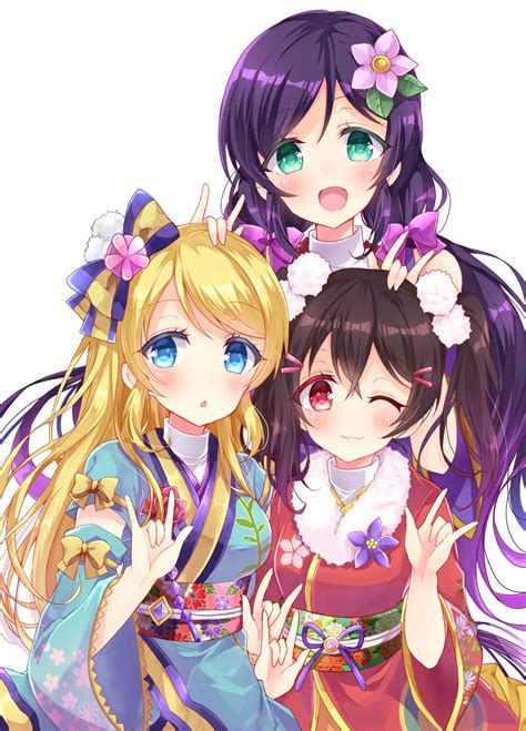 Safebooru 3girls O M Ayase Eli Black Hair Blonde Hair Blue Bow Blue Eyes Blue Kimono