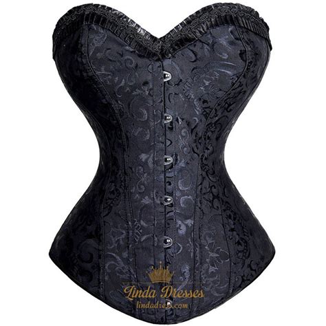 Black Jacquard Overbust Steel Boned Royal Corsets With Ruffled Trim