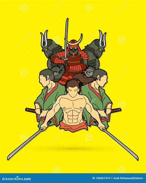 Group Of Samurai Ready To Fight Action Cartoon Graphic Vector Stock