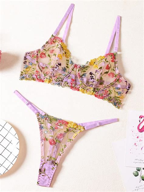 Buy Kaei Shi Vibrant Embroidery Underwire Adjustable Thong Sexy Piece Lingerie Online At