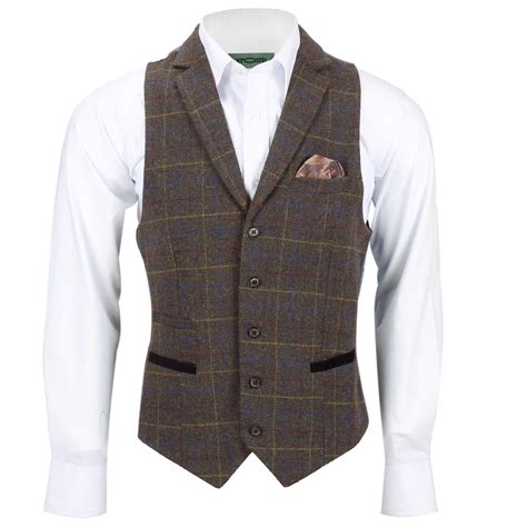 Mens Waistcoat Tweed Wool Mix Herringbone Check Velvet Collar Retro