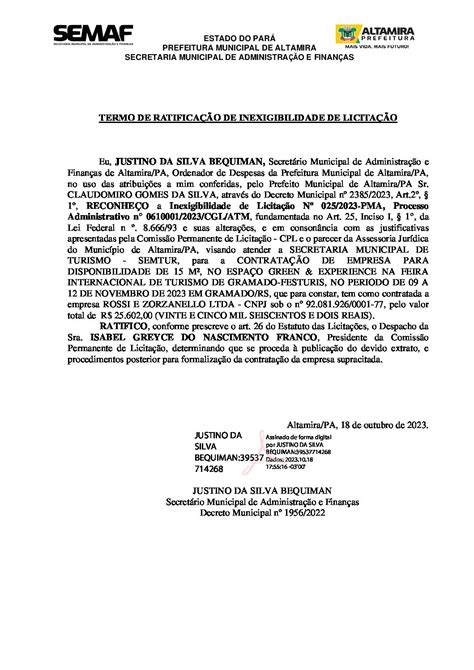 TERMO DE RATIFICAÇÃO Prefeitura Municipal de Altamira Gestão 2021 2024