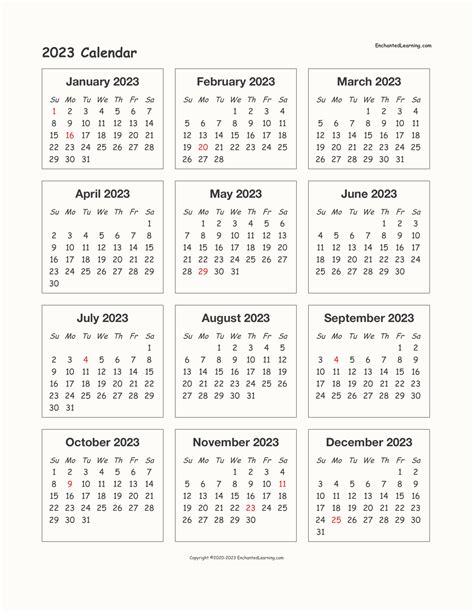 2023 One Page Calendar Free Printable