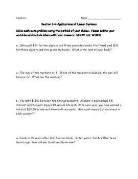 Worksheet Algebra Applications Of Linear Systems Word Problems