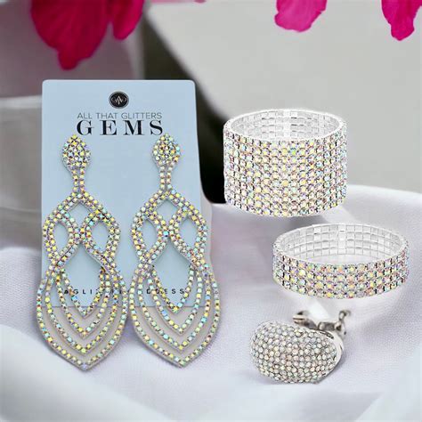 Silver AB 4 Piece Rhinestone Jewelry Set Bikini Competition Pageant Drag Bridal Wedding