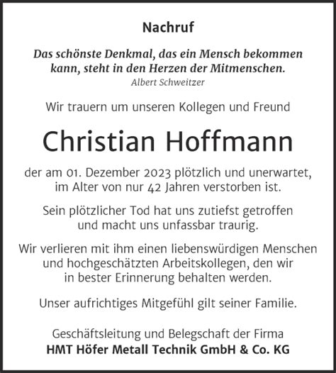 Traueranzeigen Von Christian Hoffmann Abschied Nehmen De