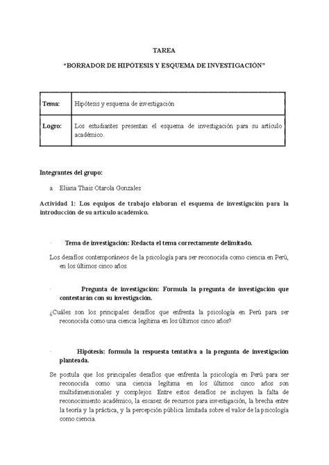 Borrador Hipotesis Semana Tarea Borrador De Hip Tesis Y Esquema