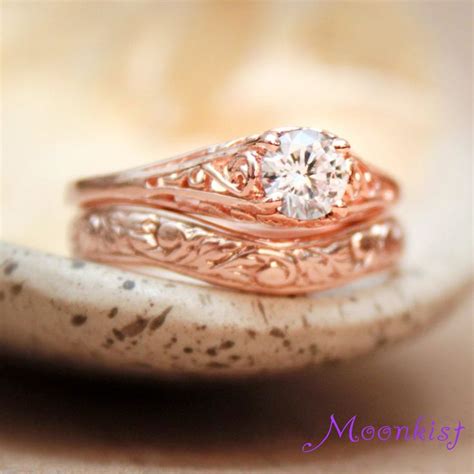 Rose Gold Moissanite Vintage Style Filigree Solitaire Wedding Set With