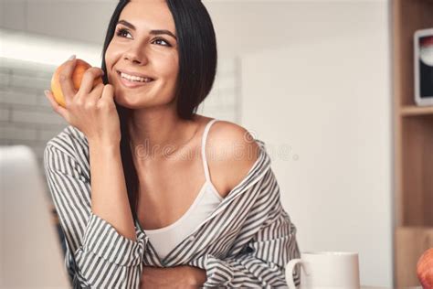 Close Up Of Pretty Brunette That Being At Home Stock Photo Image Of Student Conference 182166680