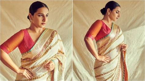 Vidya Balan's embroidered white saree with pink blouse is a must-have ...