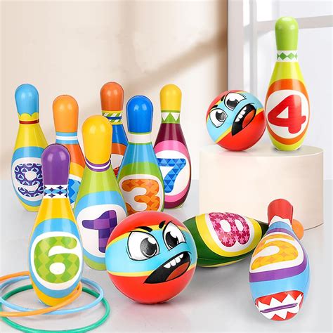 Myleus Kids Bowling Toy Set With 10 Pins2 Balls And 5 Toss Rings For