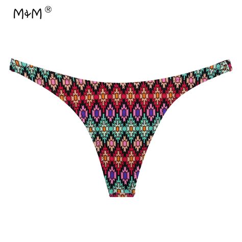 M M Thong Bodysuit Triangle Cheeky Bikini Bottom Women Print Striped Leopard Micro Swimwear
