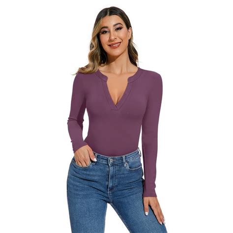 Reoria Deep V Neck Bodysuit For Women Long Sleeve Ribbed Slim Fit Tops