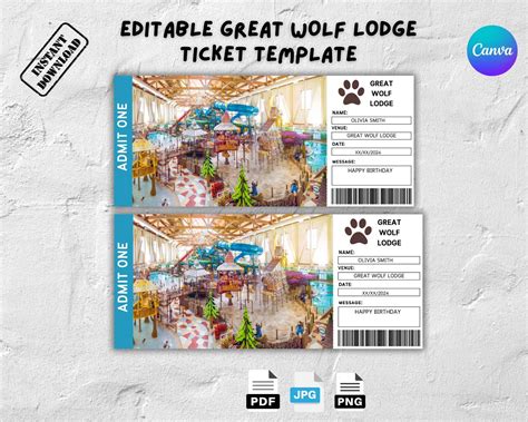 Editable Great Wolf Lodge Ticket Template, Great Wolf Lodge Ticket