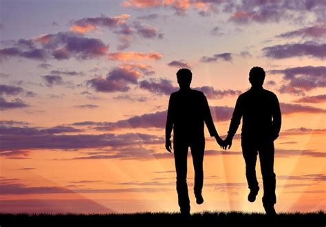 Concepto De Gente Gay Silueta De Hombres Gays Felices Caminando Cogidos De La Mano Al Atardecer