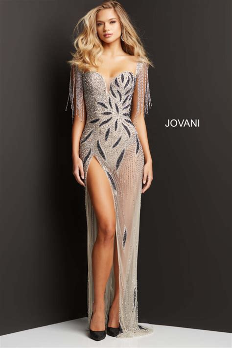Jovani 07031 Nude Plunging Neck Beaded Gown Jovani