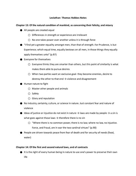 Leviathan Thomas Hobbes Notes Leviathan Thomas Hobbes Notes Chapter