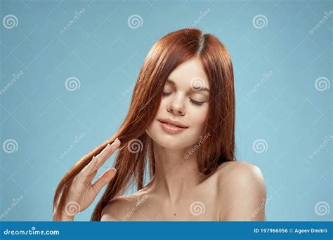 Woman With Naked Shoulders Long Hair Hairstyle Care Charm Blue Background Stock Photo Image Of