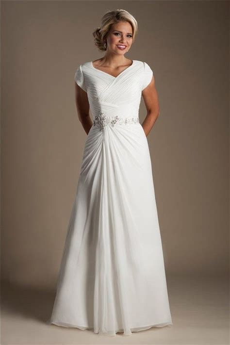 Modest A Line Cap Sleeve Chiffon Ruched Wedding Dress Beading Belt