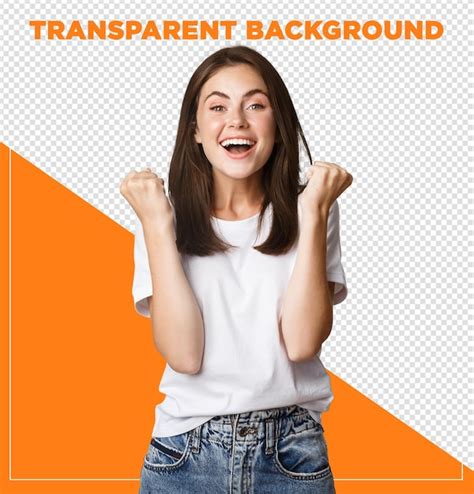 Premium PSD Cheerful Attractive Brunette Girl Fist Pump Smiling With Rejoice Winning