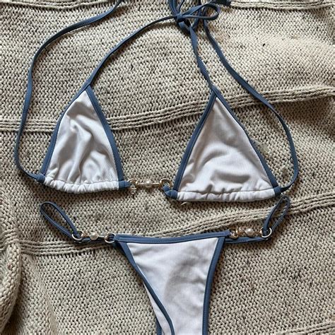 Medium White And Blue Bikini With Gold Pearl Depop