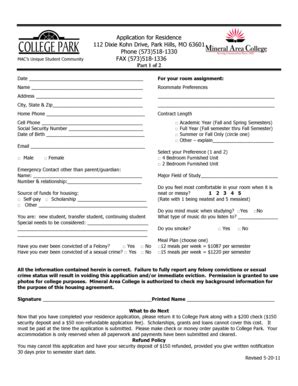 Fillable Online Mineralarea College Park Residence Halls Application