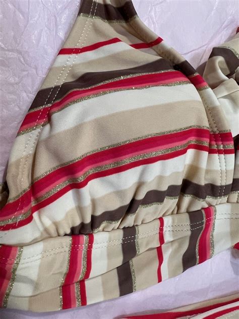 Victoria Swimwear Beige Red Stripe Halter Tie Bikini Pc Swim Set Swimsuit S EBay