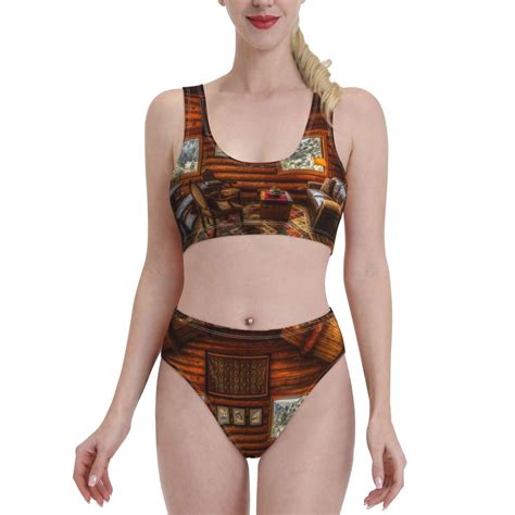 Adobk Log Cabin Inside Print Women High Waisted Bikini Set Sports Swimsuit Bathing Suit Small