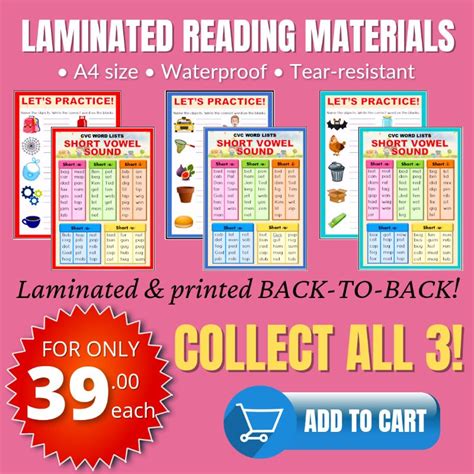 Laminated Reading Materials Words With Short Vowel Sounds Cvc Word