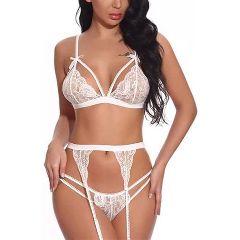 Ensemble Brassiere et String Tanga Pyjama en dentelle Satin Lingerie Femme Sous vêtements nuit