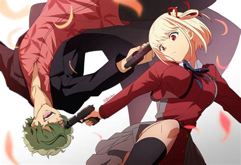 Safebooru Boy Girl At Gunpoint Backflip Battle Black Coat Blonde Hair Bob Cut Breasts Closed