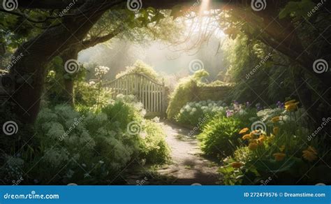 Magical Secret Garden With Dreamy Morning Sun. Flowers, Trees, And ...