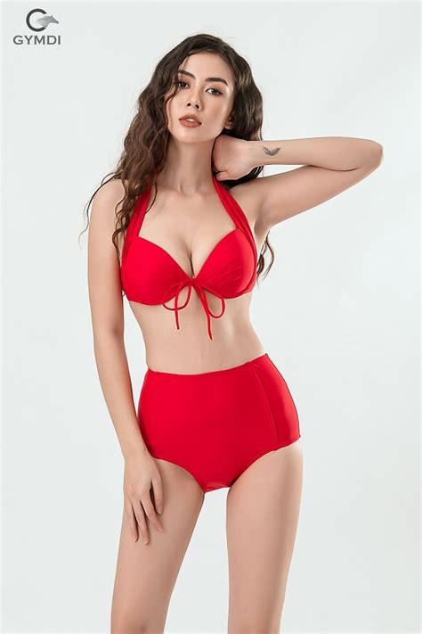 Bikini cạp cao đỏ trơn che khuyết điểm