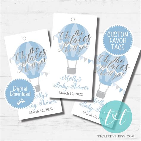 Oh The Places He Ll Go Hot Air Balloon Baby Boy Shower Or Birthday Custom Favor Tags Digital