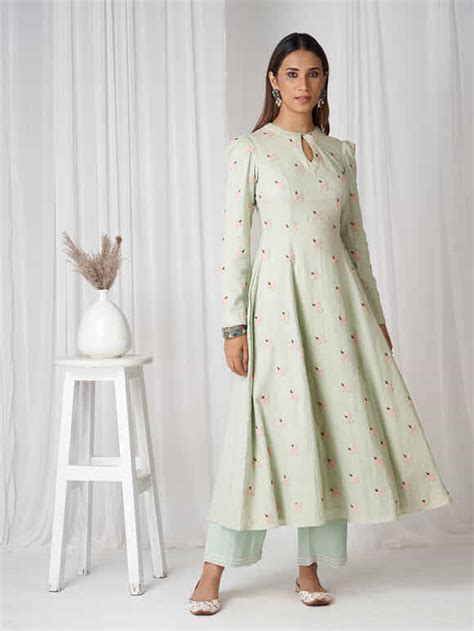 Buy Sea Blue Hand Embroidered Cotton Linen Kurta With Pants Set Of