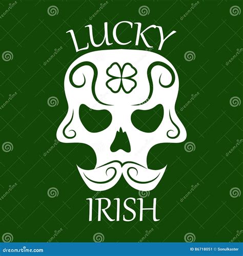 Saint Patrick Day Symbol Of Skull With Mustaches And Four Leaf Clover