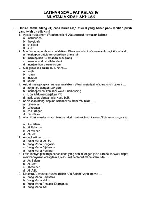 Latsol PAT Kelas 4 Akidah Akhlak LATIHAN SOAL PAT KELAS IV MUATAN