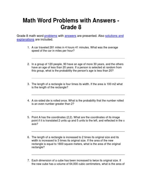 Grade 8 Math Word Problems With Answers Pdf Area Speed