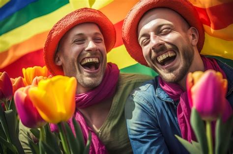 Una Hermosa Pareja Gay Feliz Con Los Colores Del Arco Iris En Un Campo De Flores Fondo De